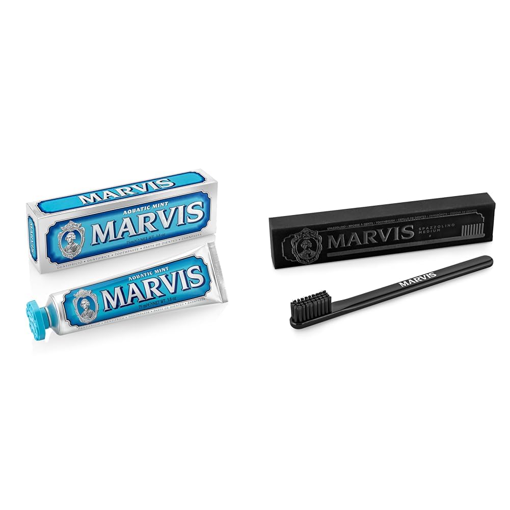 Marvis Aquatic Mint Toothpaste, 3.8 oz and Medium Bristle Toothbrush